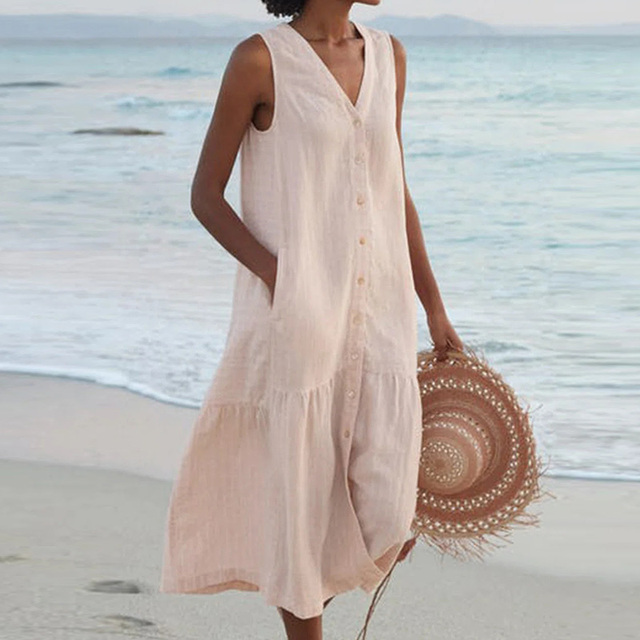 Women's Sleeveless Button-Front Midi Dress with V-Neck Design