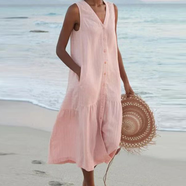 Women's Sleeveless Button-Front Midi Dress with V-Neck Design