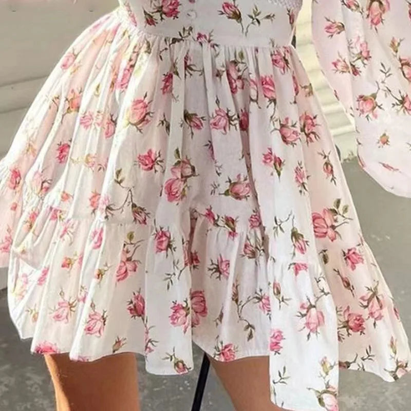 Women's Floral A-Line Mini Dress with V-Neck and Long Sleeves