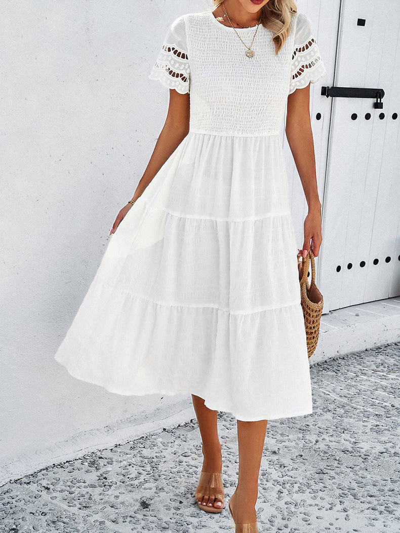 Women's Smocked Midi Dress with Tiered Skirt and Lace Sleeves