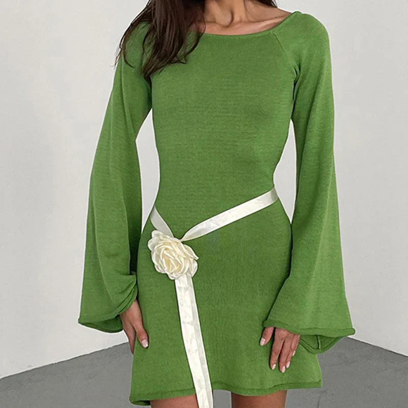 Women's Backless Knit Mini Dress with Bell Sleeves and Tie Back