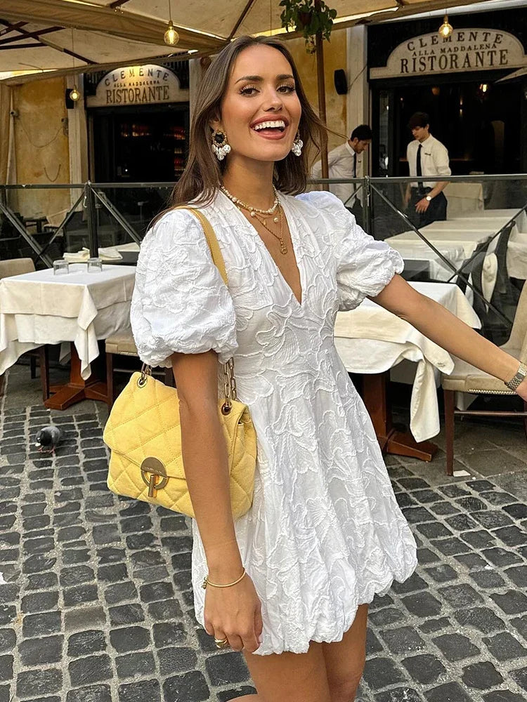 Women's Puff Sleeve Mini Dress with Elegant Embroidered Design