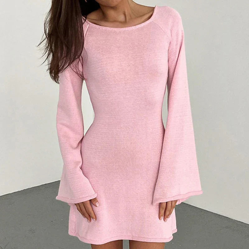 Women's Backless Knit Mini Dress with Bell Sleeves and Tie Back