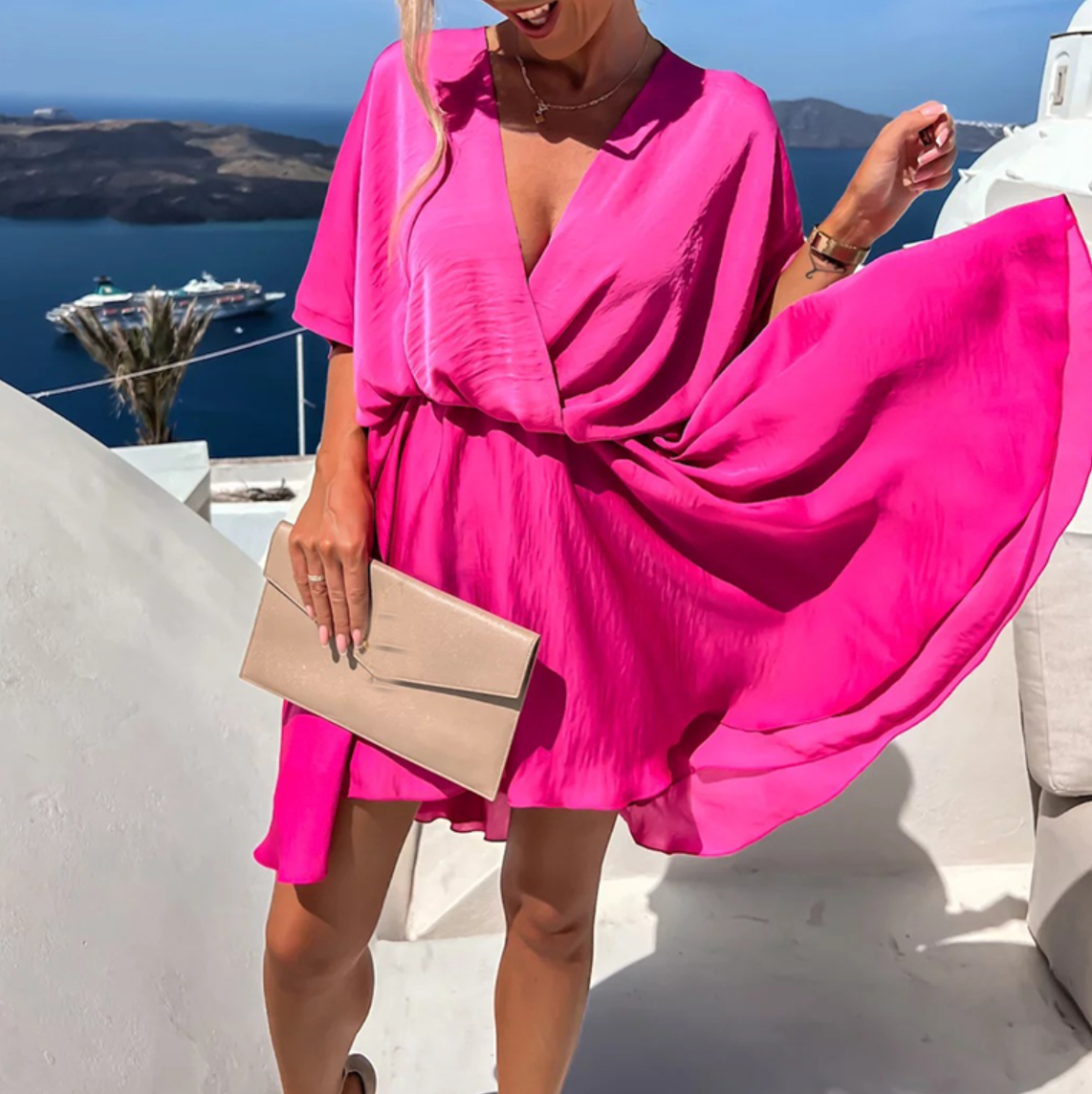Women's Flowy Mini Dress with V-Neck and Short Batwing Sleeves