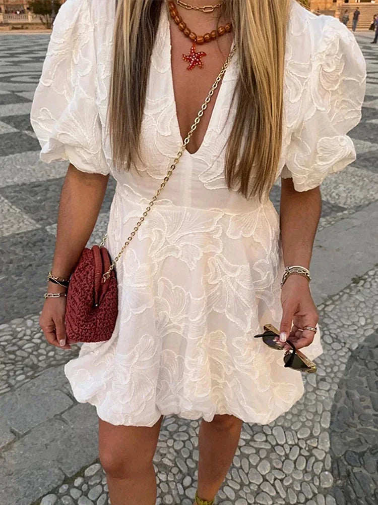 Women's Puff Sleeve Mini Dress with Elegant Embroidered Design