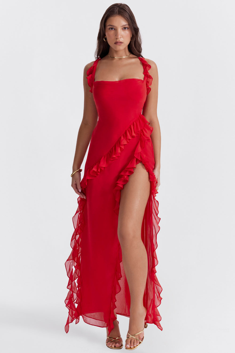 Women's Elegant Ruffle Maxi Dress with Thigh Split