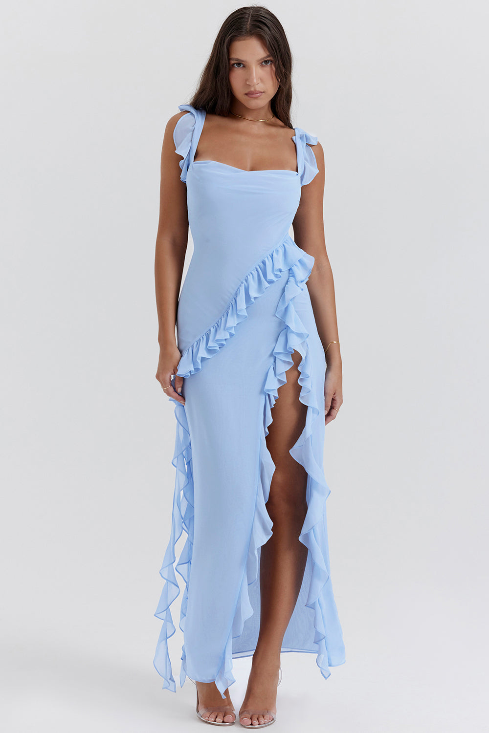 Women's Elegant Ruffle Maxi Dress with Thigh Split