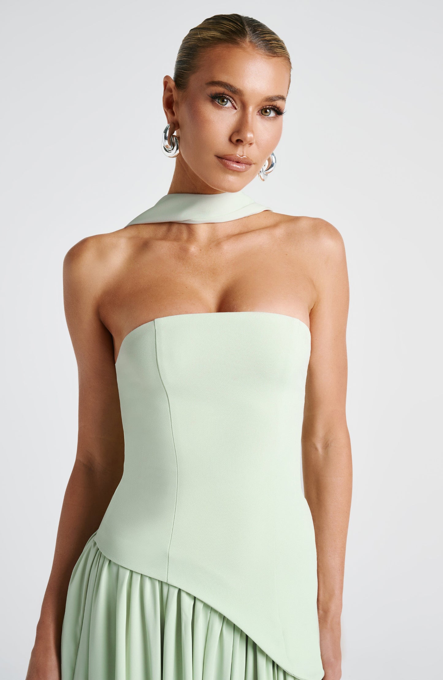 Women's Strapless Maxi Dress with High Slit and Asymmetric Waist