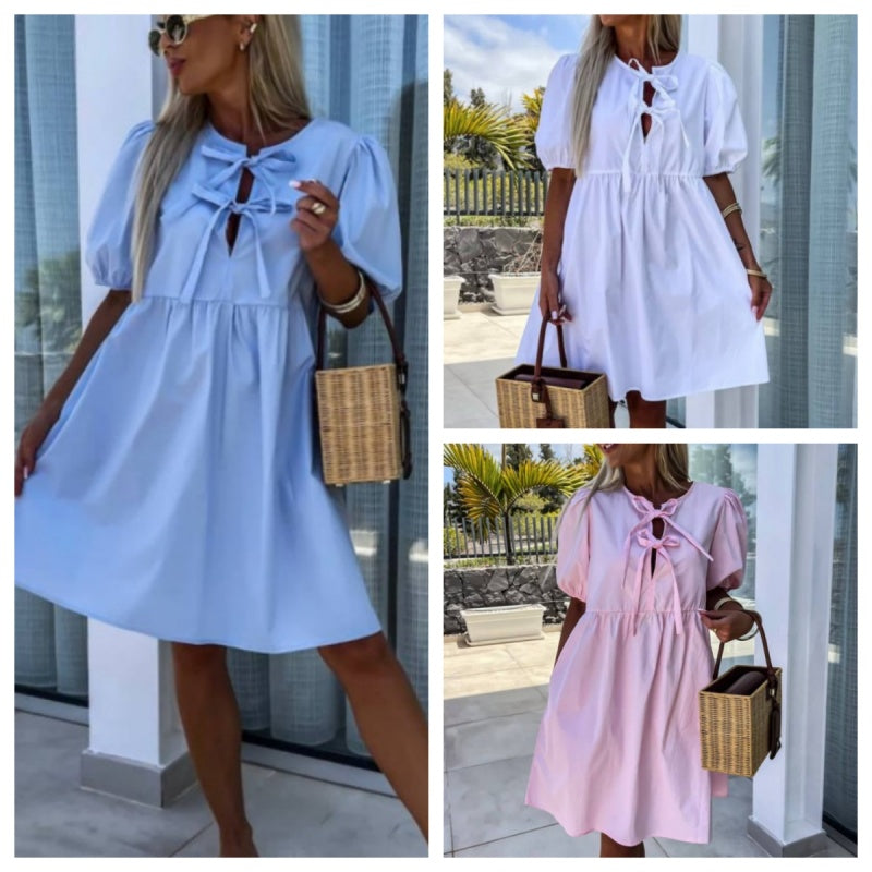 Women's Puff Sleeve Mini Dress with Front Cut-Out and Bows