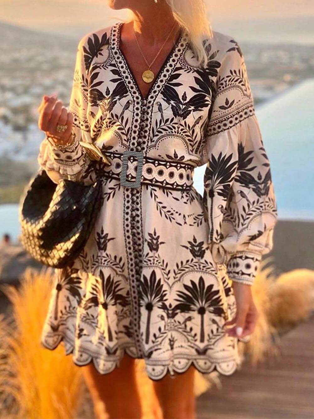 Women's Boho Mini Dress with Balloon Sleeves and Floral Embroidery