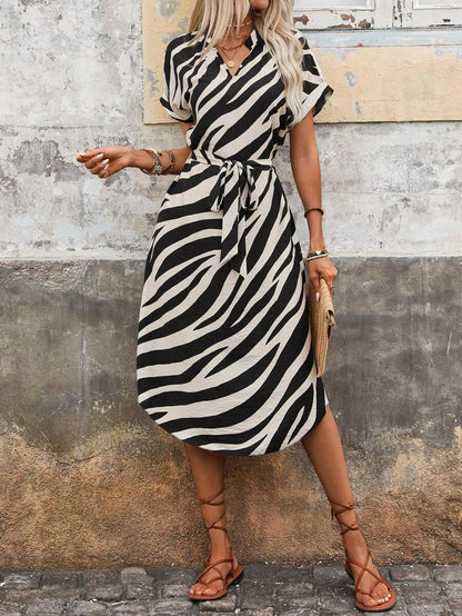 Women's Zebra Print Short Sleeve Midi Dress with Waist Tie