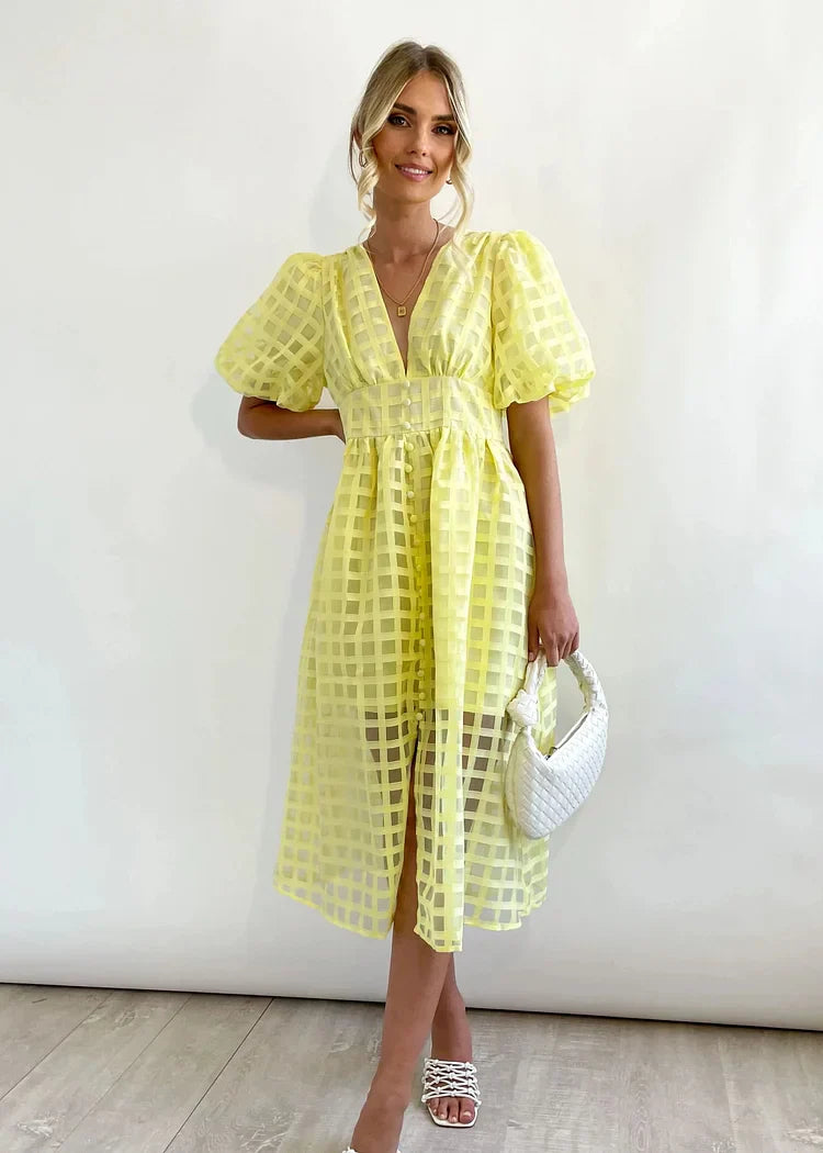 Women's Midi Dress with Puff Sleeves and Grid Pattern