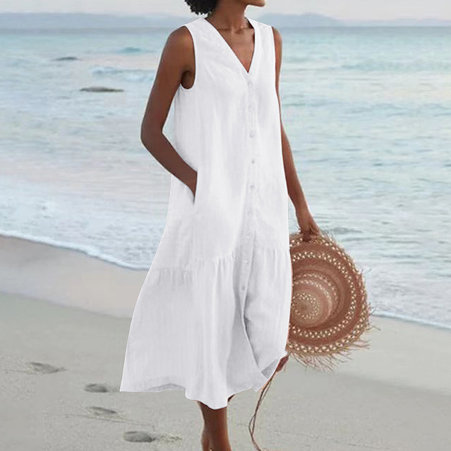 Women's Sleeveless Button-Front Midi Dress with V-Neck Design