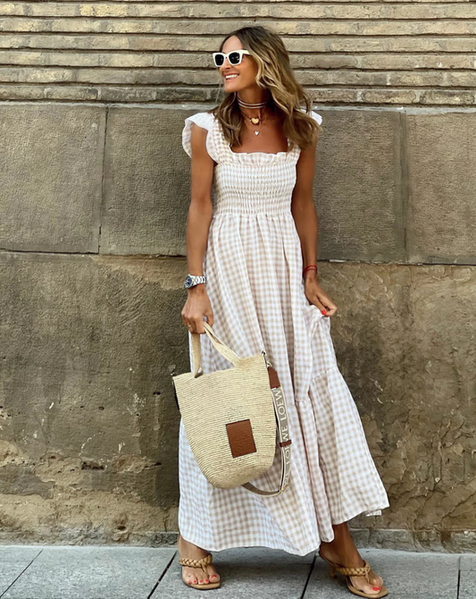Women's Smocked Gingham Maxi Dress with Ruffle Sleeves