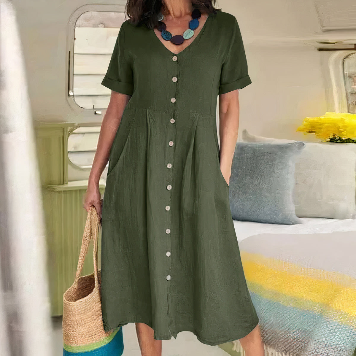 Women's Button-Front Midi Dress with Pockets and Short Sleeves