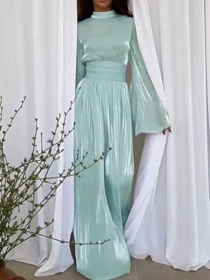 Women's Long Sleeve Maxi Dress with Waistband and High Neckline