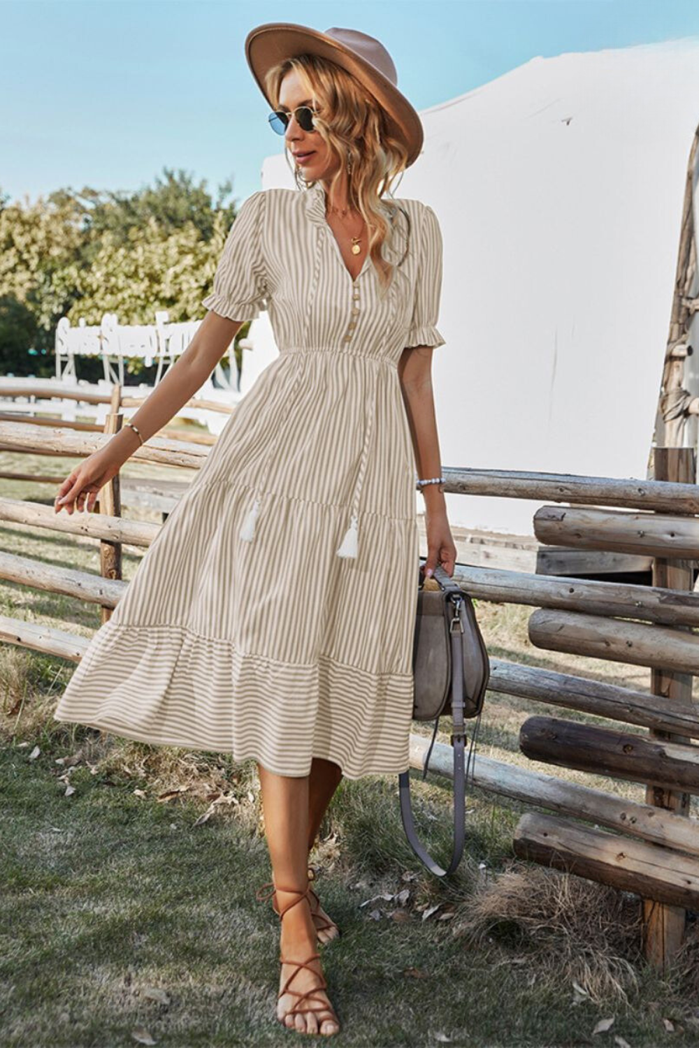Women's Striped Midi Dress with Puff Sleeves and V-Neck Front