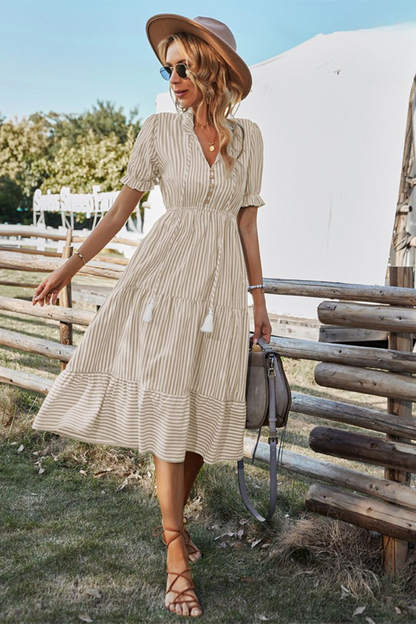 Women's Striped Midi Dress with Puff Sleeves and V-Neck Front