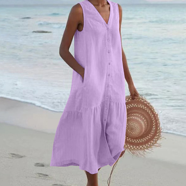 Women's Sleeveless Button-Front Midi Dress with V-Neck Design
