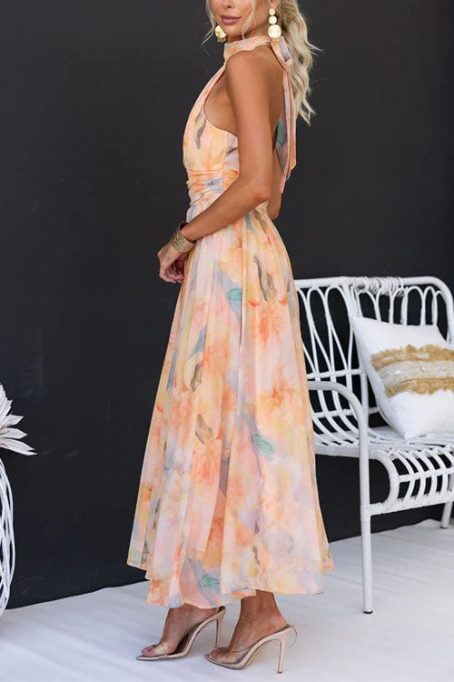 Women's Halter Neck Maxi Dress with Waist Detail and Flowing Skirt
