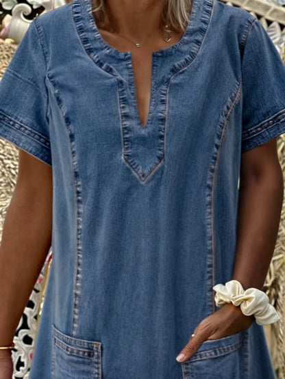 Women’s Casual Mini Dress with Functional Pockets and Short Sleeves