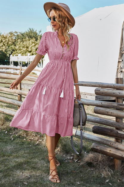Women's Striped Midi Dress with Puff Sleeves and V-Neck Front