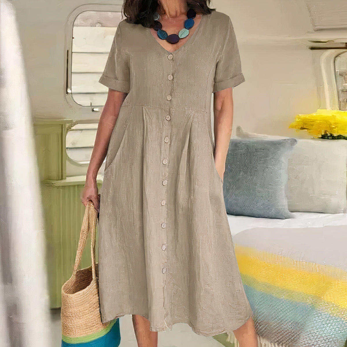 Women's Button-Front Midi Dress with Pockets and Short Sleeves