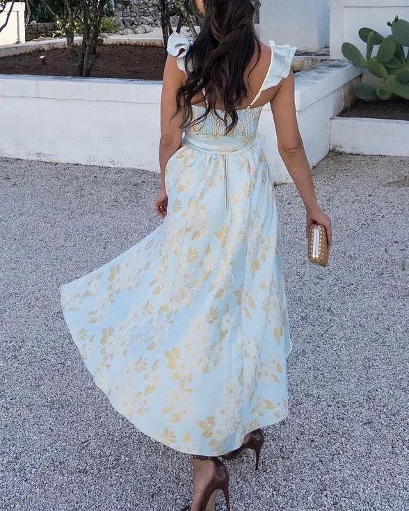 Women's Floral Print Midi Dress with Tie Waist and Butterfly Sleeves
