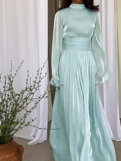Women's Long Sleeve Maxi Dress with Waistband and High Neckline