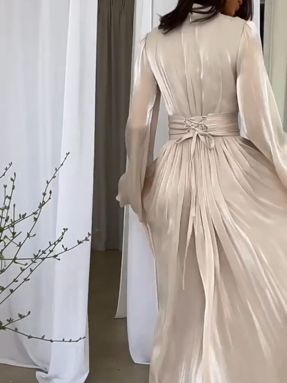 Women's Long Sleeve Maxi Dress with Waistband and High Neckline