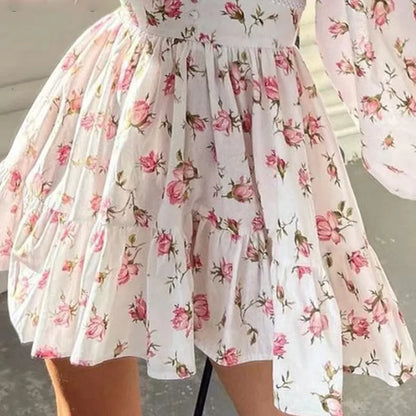 Women's Floral A-Line Mini Dress with V-Neck and Long Sleeves