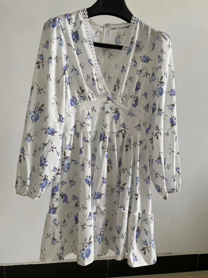 Women's Floral A-Line Mini Dress with V-Neck and Long Sleeves