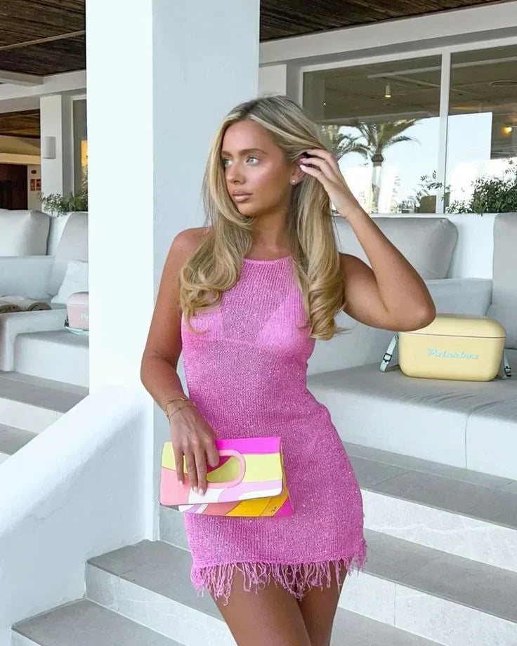 Women's Sparkly Knit Mini Dress with Sleeveless Cut and Fringe Hem