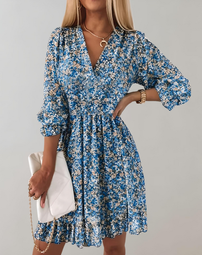 Women's Floral V-Neck Mini Dress with Smocked Waist and Ruffle Hem