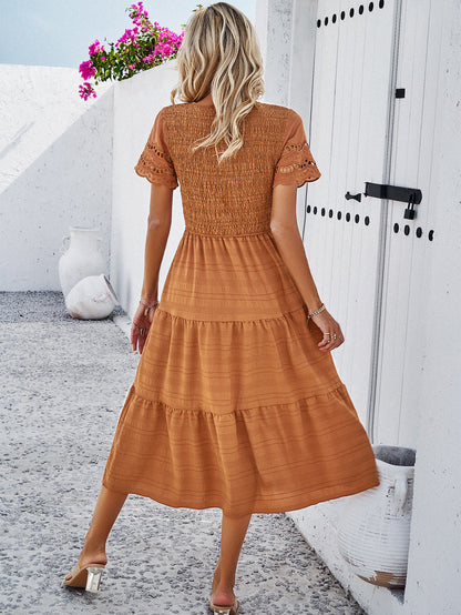 Women's Smocked Midi Dress with Tiered Skirt and Lace Sleeves