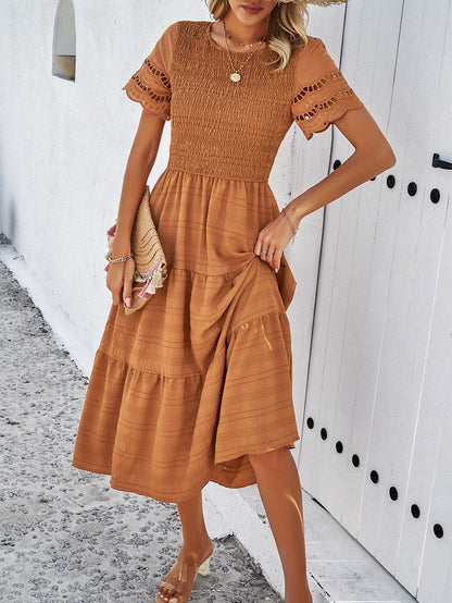 Women's Smocked Midi Dress with Tiered Skirt and Lace Sleeves