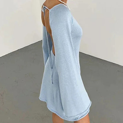 Women's Backless Knit Mini Dress with Bell Sleeves and Tie Back