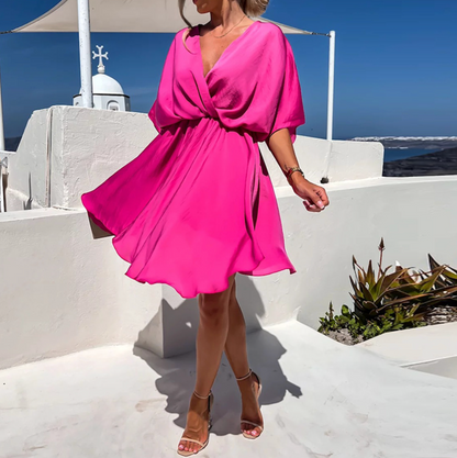Women's Flowy Mini Dress with V-Neck and Short Batwing Sleeves