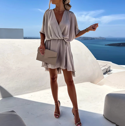 Women's Flowy Mini Dress with V-Neck and Short Batwing Sleeves