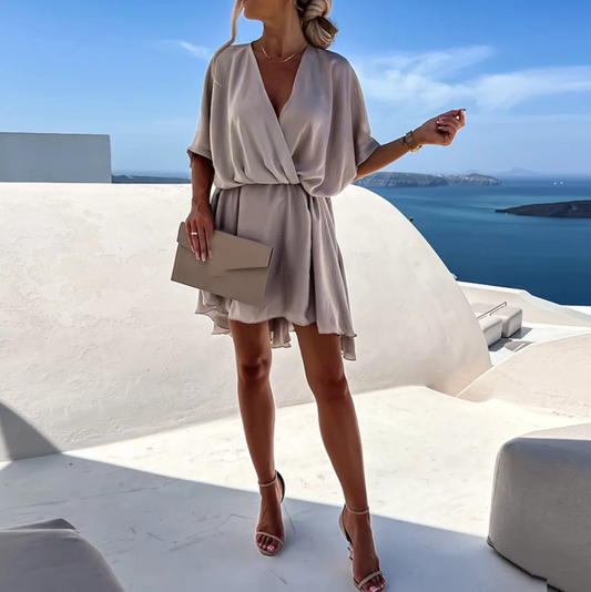 Women's Flowy Mini Dress with V-Neck and Short Batwing Sleeves