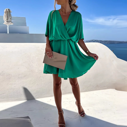 Women's Flowy Mini Dress with V-Neck and Short Batwing Sleeves