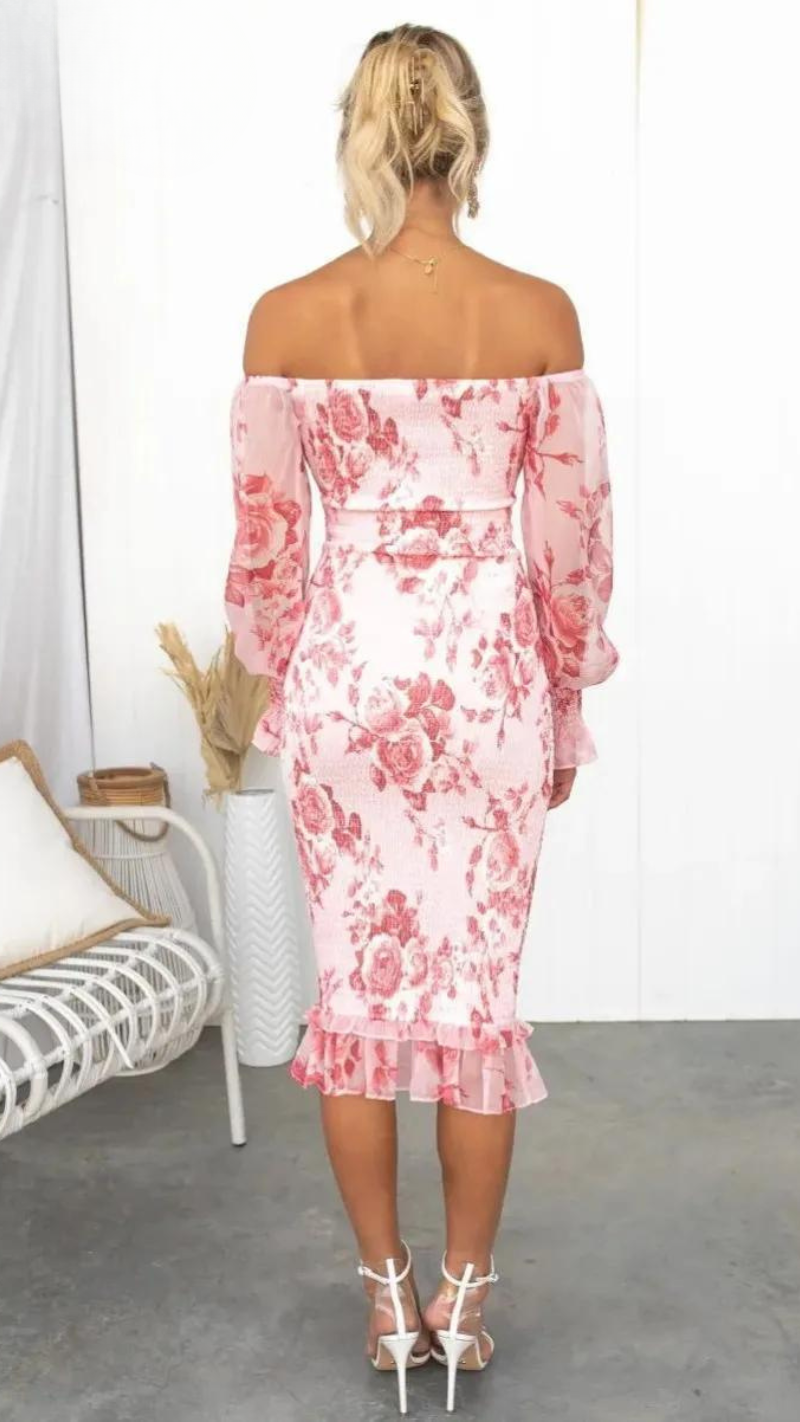 Women's Off-Shoulder Floral Bodycon Midi Dress with Puff Sleeves