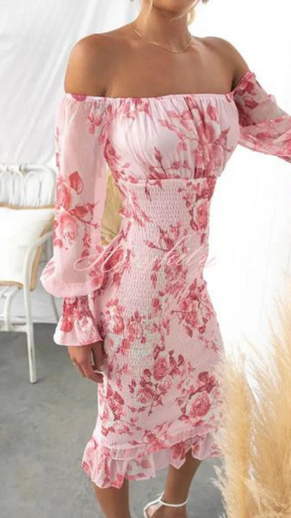 Women's Off-Shoulder Floral Bodycon Midi Dress with Puff Sleeves
