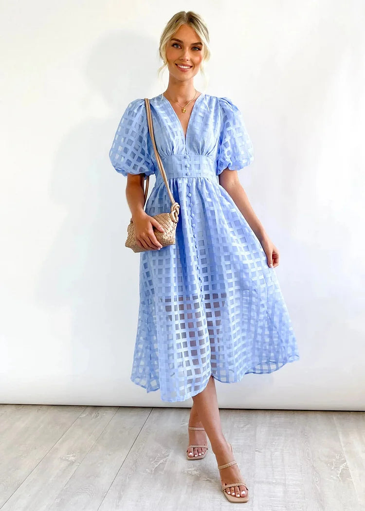 Women's Midi Dress with Puff Sleeves and Grid Pattern
