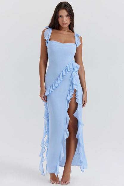 Women's Elegant Ruffle Maxi Dress with Thigh Split