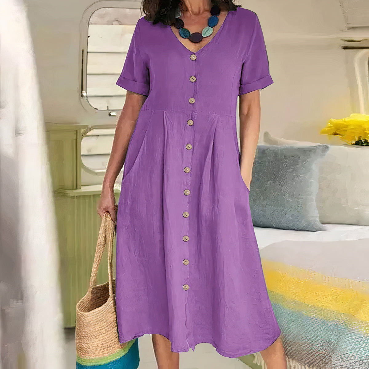 Women's Button-Front Midi Dress with Pockets and Short Sleeves