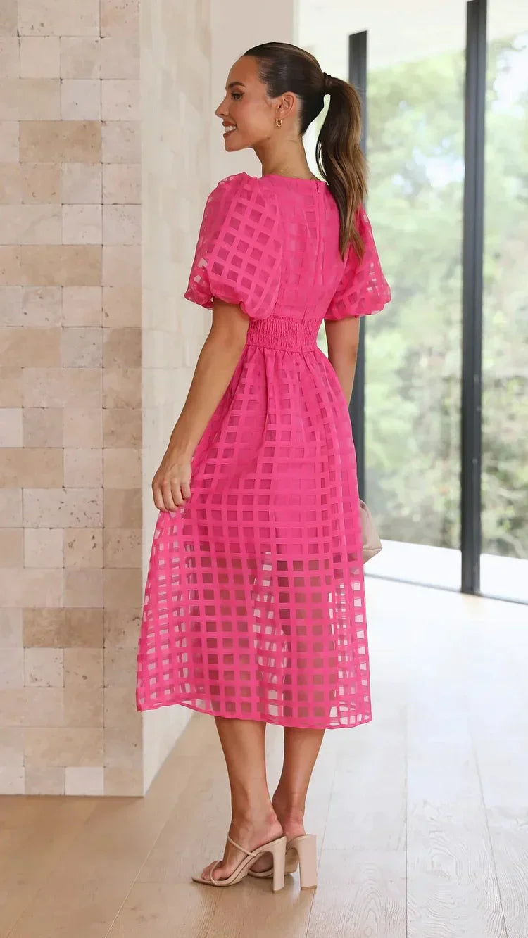 Women's Midi Dress with Puff Sleeves and Grid Pattern