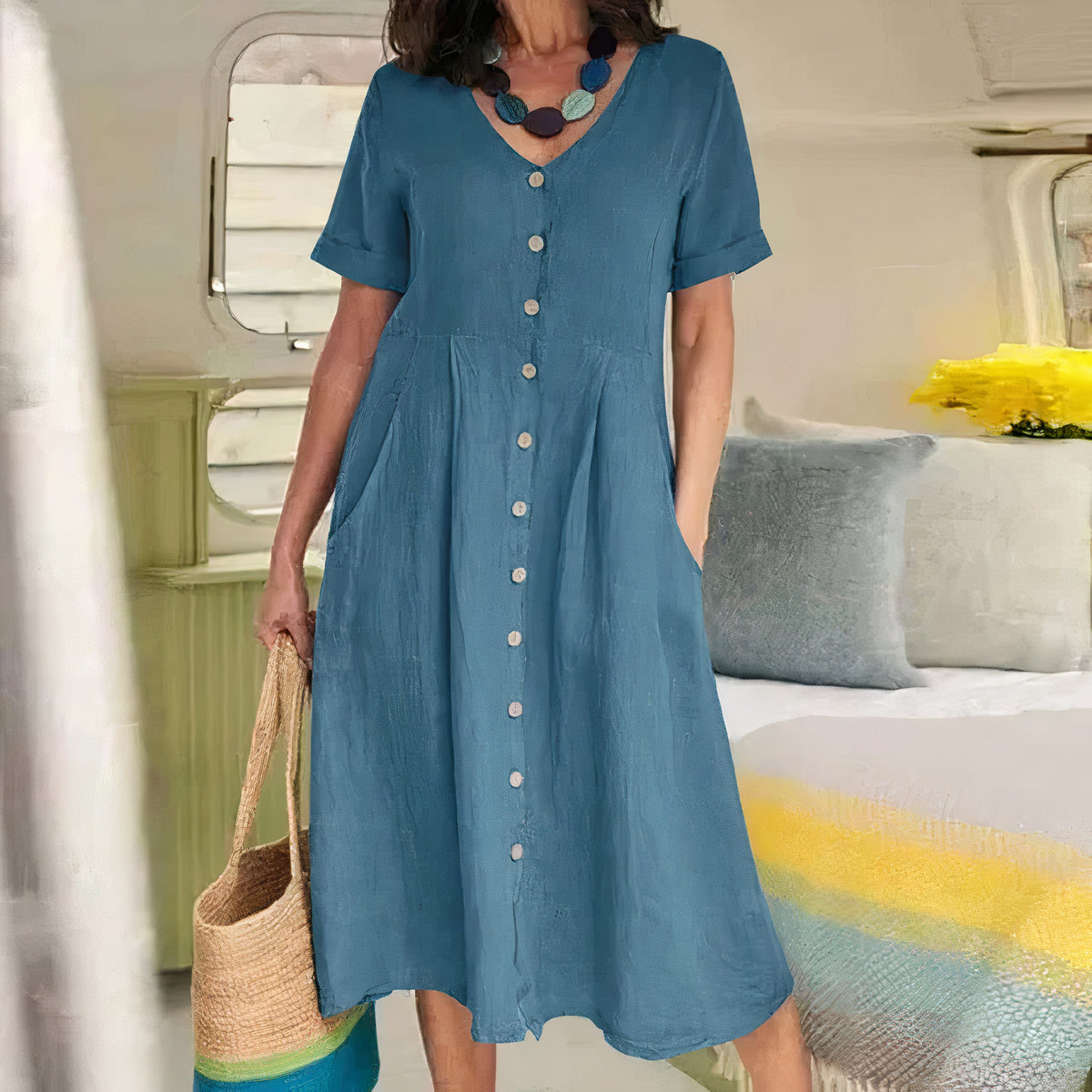 Women's Button-Front Midi Dress with Pockets and Short Sleeves