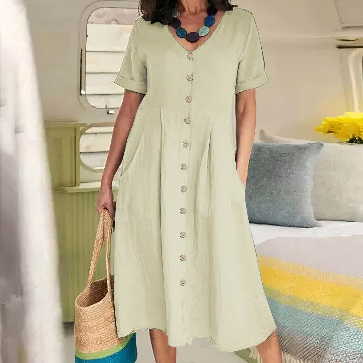 Women's Button-Front Midi Dress with Pockets and Short Sleeves