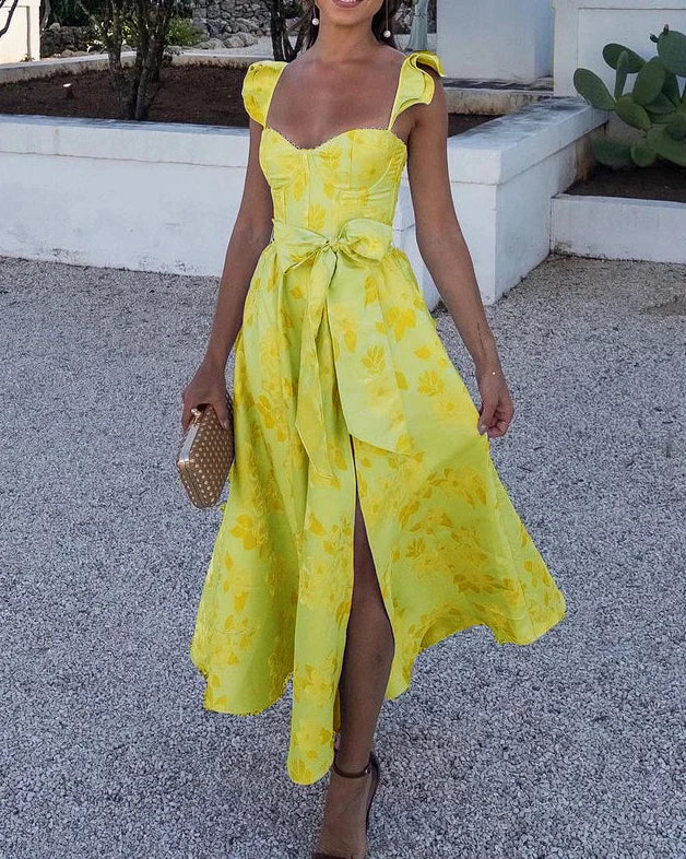 Women's Floral Print Midi Dress with Tie Waist and Butterfly Sleeves